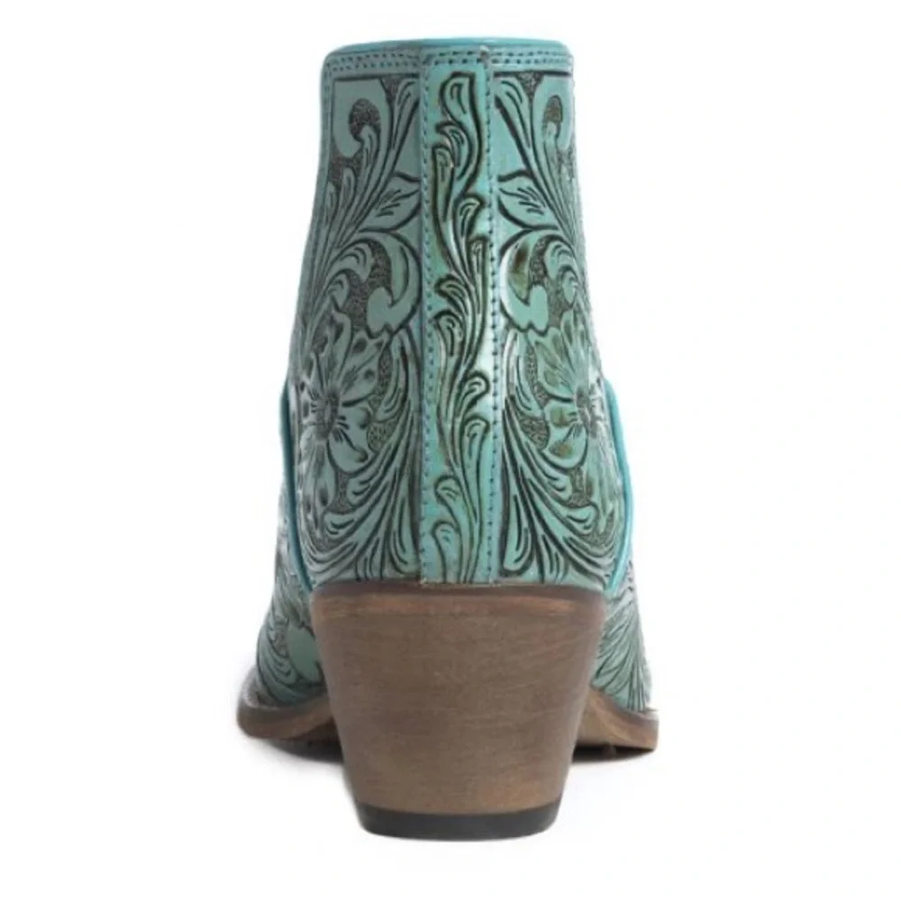 🔥Hand Tooled Genuine Leather Women Bootie Boot Boho Western Shoe Teal Turquoise - Picture 6 of 11